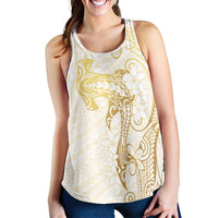 Gold and White Hawaii Women Racerback Tank Hammerhead Shark Tattoo Curve Polynesian - Polynesian Pride