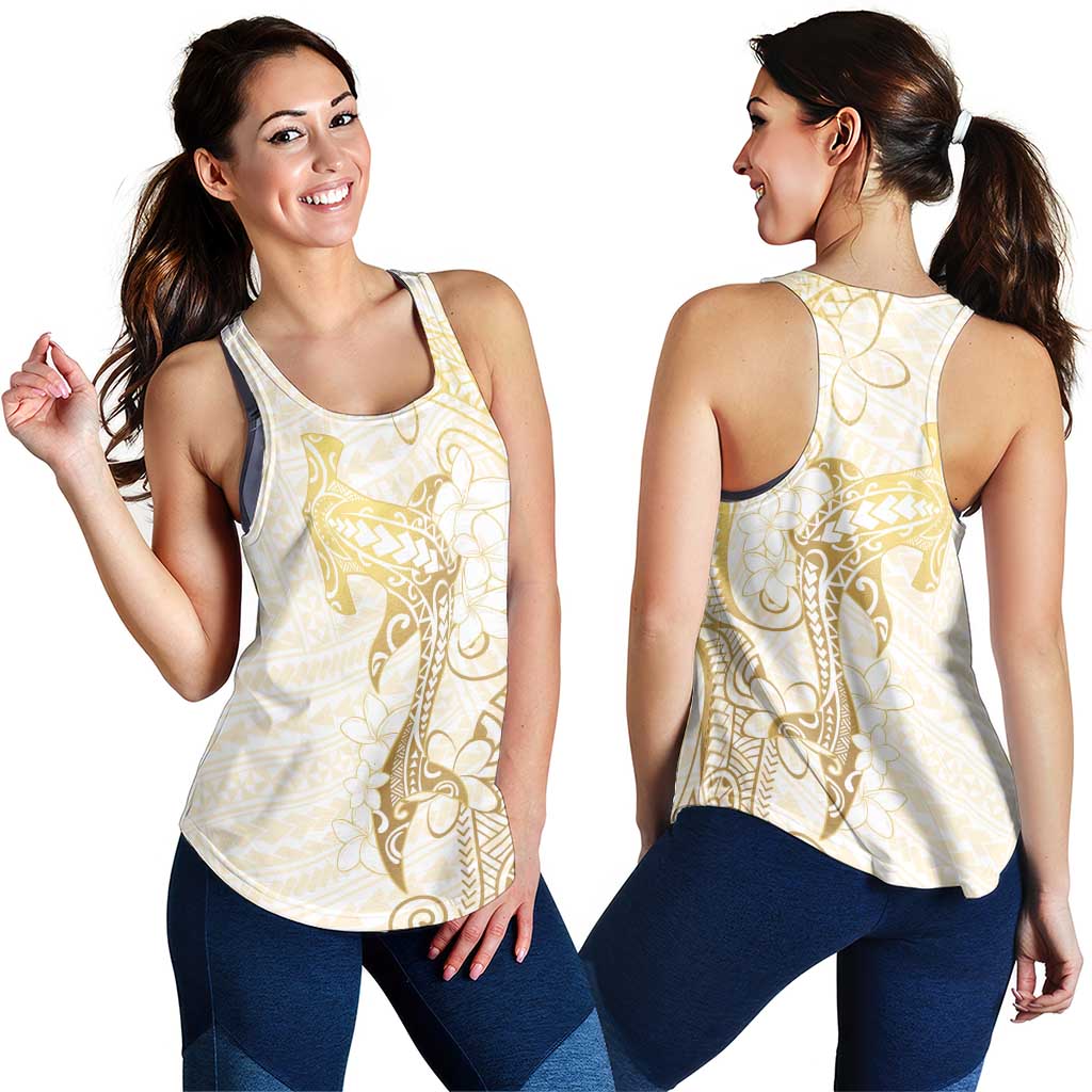 Gold and White Hawaii Women Racerback Tank Hammerhead Shark Tattoo Curve Polynesian - Polynesian Pride