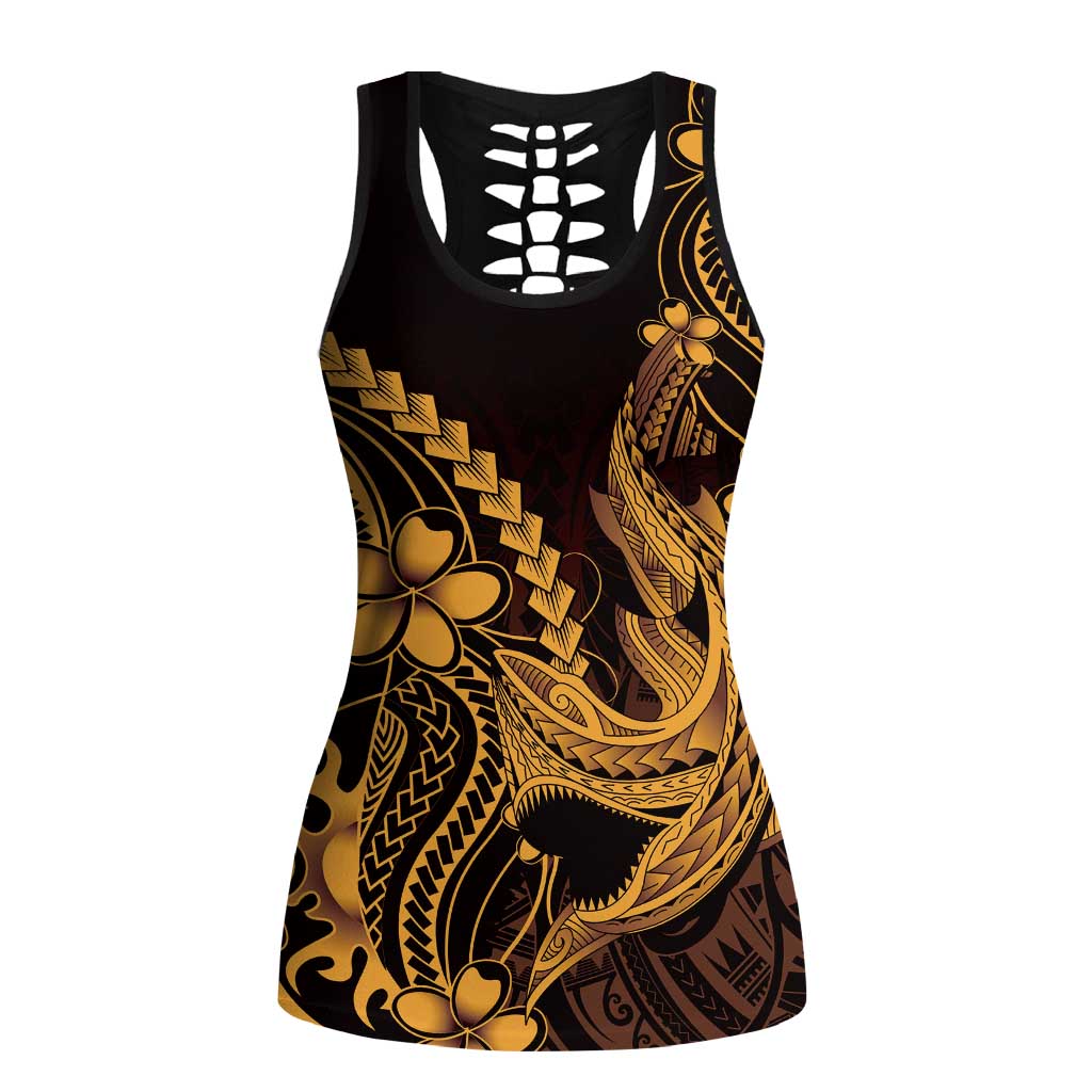 Gold Black Aloha Hawaii Hollow Tank Top Polynesian Shark Tattoo With Plumeria - Polynesian Pride