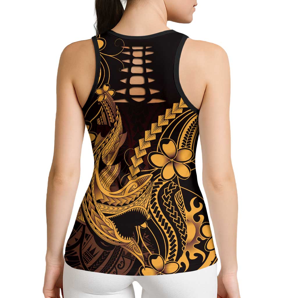 Gold Black Aloha Hawaii Hollow Tank Top Polynesian Shark Tattoo With Plumeria - Polynesian Pride