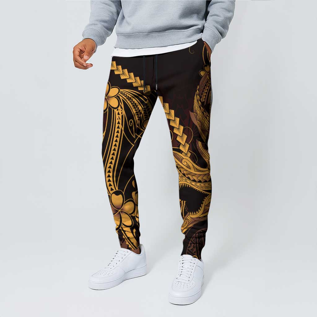 Gold Black Aloha Hawaii Jogger Pants Polynesian Shark Tattoo With Plumeria - Polynesian Pride