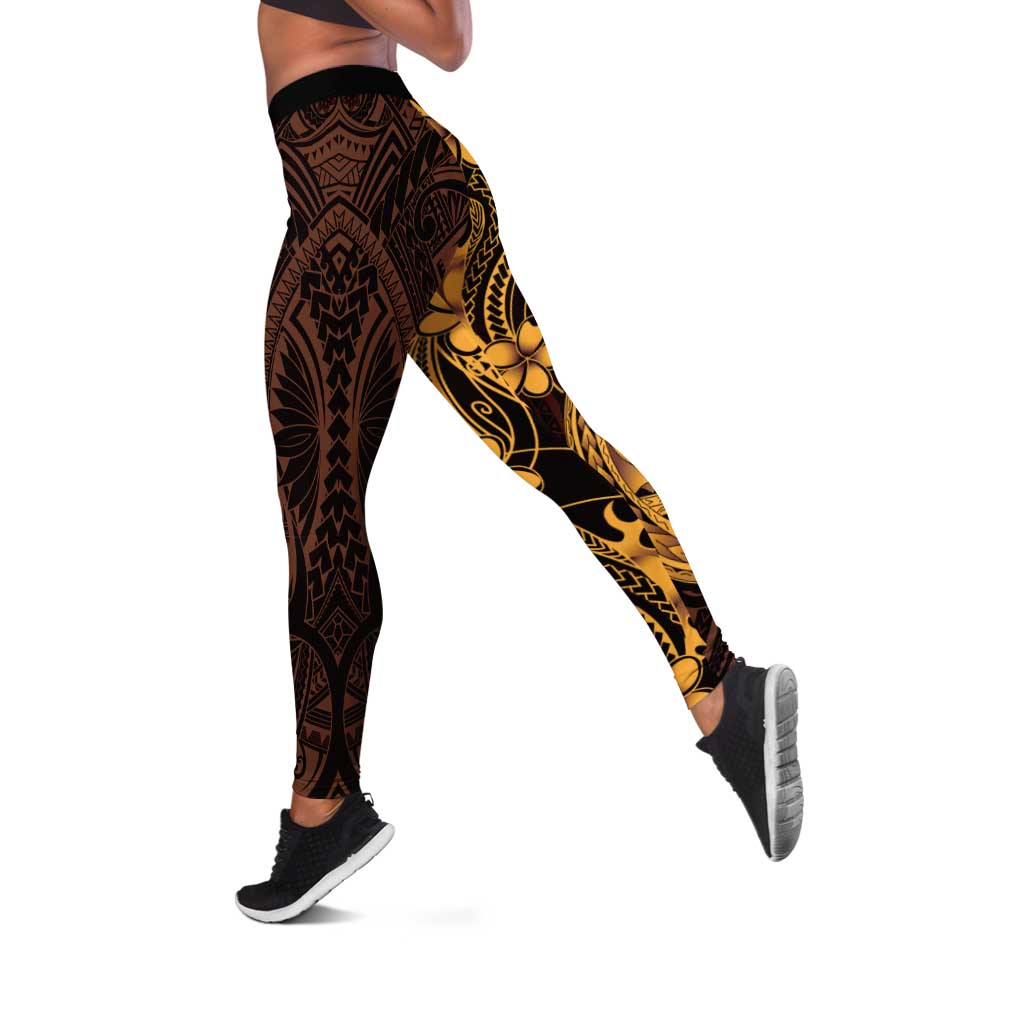 Gold Black Aloha Hawaii Leggings Polynesian Shark Tattoo With Plumeria - Polynesian Pride