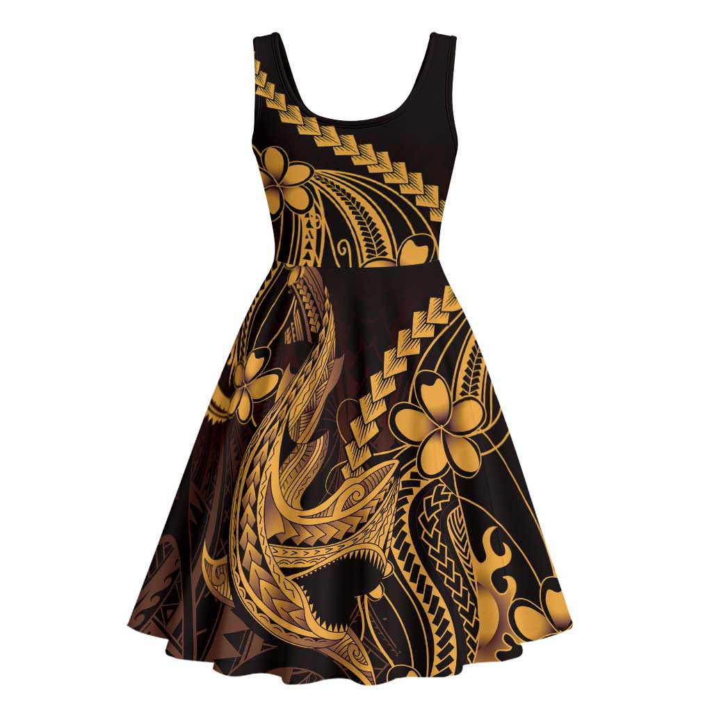 Gold Black Aloha Hawaii Midi Dress Polynesian Shark Tattoo With Plumeria - Polynesian Pride
