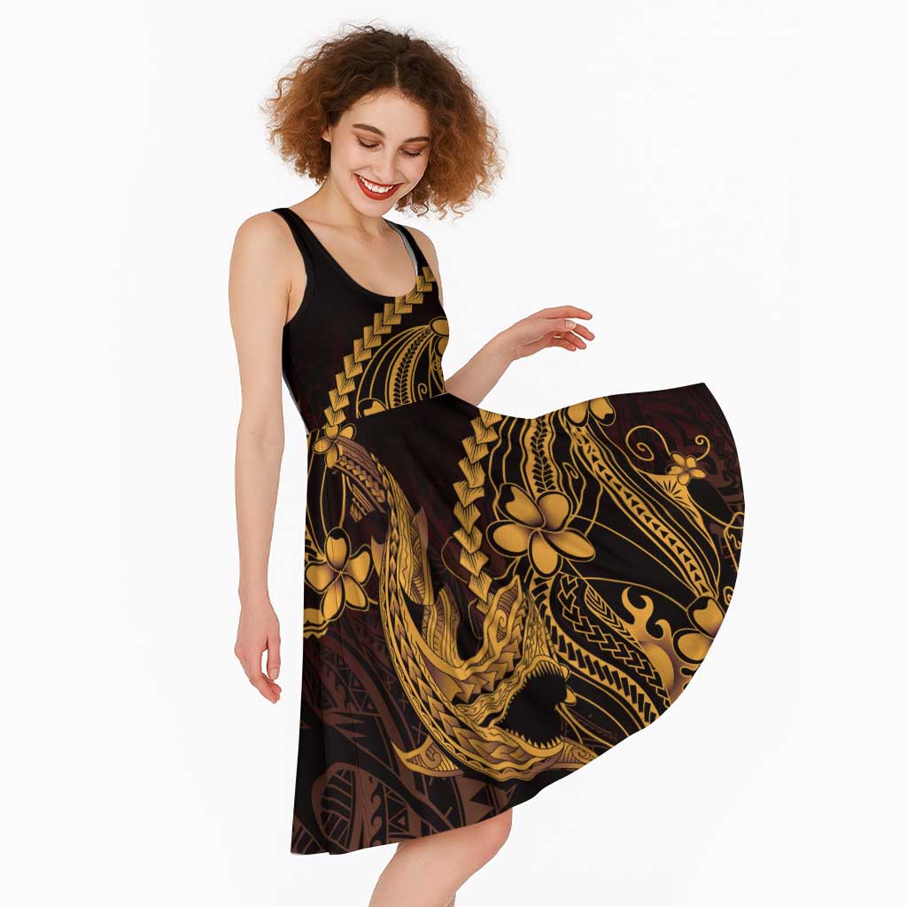 Gold Black Aloha Hawaii Midi Dress Polynesian Shark Tattoo With Plumeria - Polynesian Pride