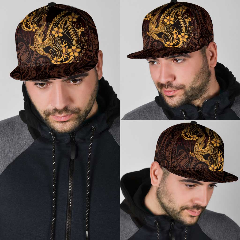 Gold Black Aloha Hawaii Snapback Cap Polynesian Shark Tattoo With Plumeria - Polynesian Pride