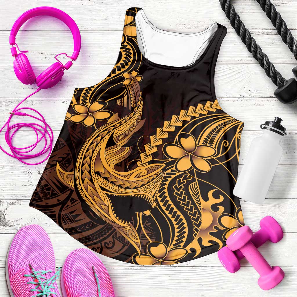 Gold Black Aloha Hawaii Women Racerback Tank Polynesian Shark Tattoo With Plumeria - Polynesian Pride