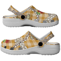 Gold Palaka Hawaii Mele Kalikimaka Clogs Shoes Ohia Lehua Shell Leis Funny Gingerbread Santa - Polynesian Pride