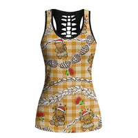 Gold Palaka Hawaii Mele Kalikimaka Hollow Tank Top Ohia Lehua Shell Leis Funny Gingerbread Santa - Polynesian Pride
