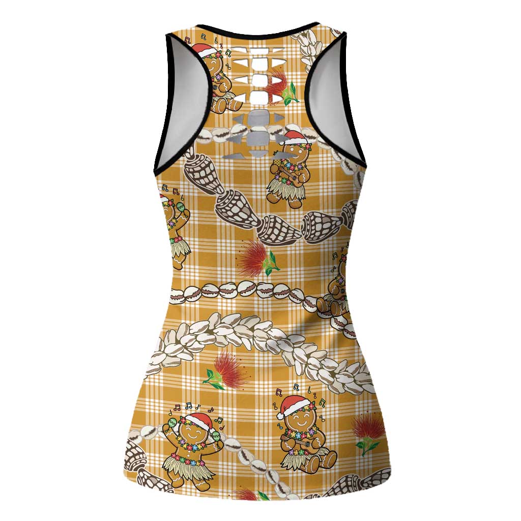 Gold Palaka Hawaii Mele Kalikimaka Hollow Tank Top Ohia Lehua Shell Leis Funny Gingerbread Santa - Polynesian Pride