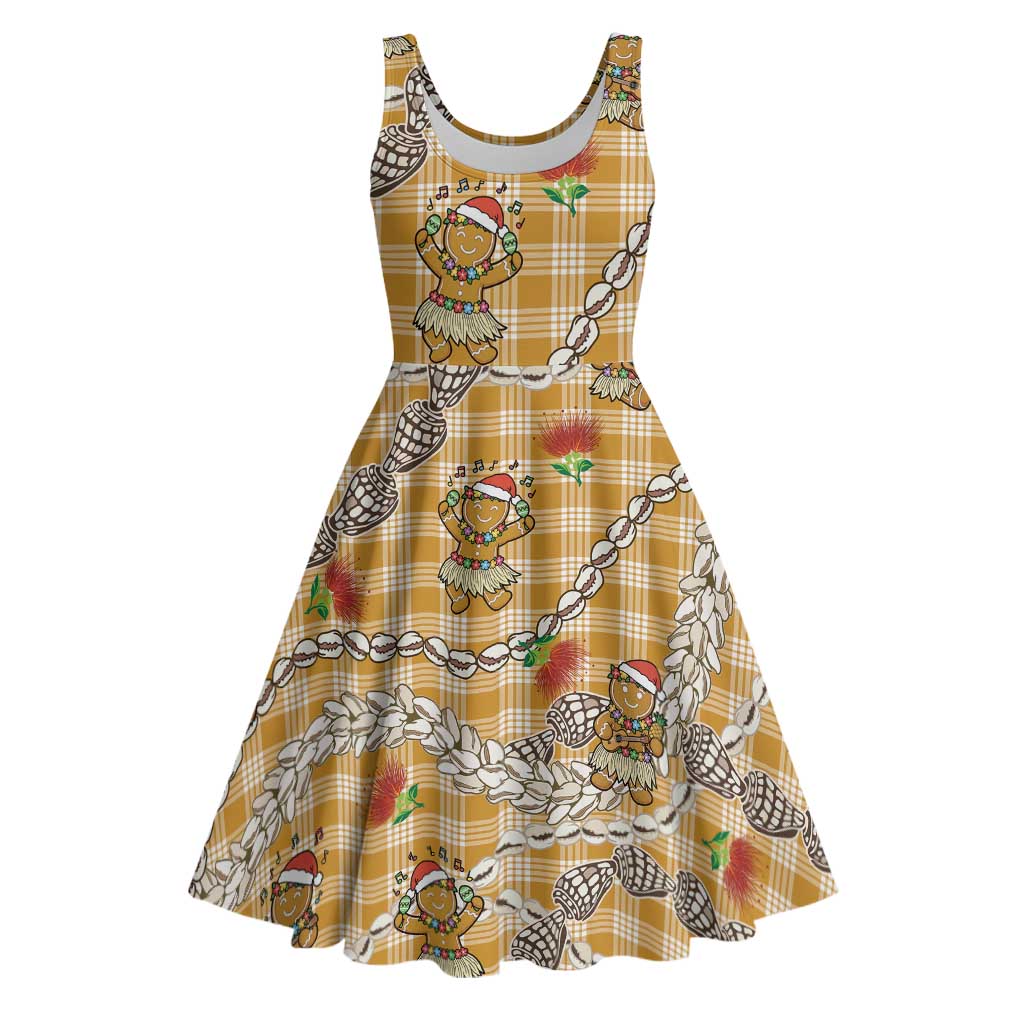 Gold Palaka Hawaii Mele Kalikimaka Midi Dress Ohia Lehua Shell Leis Funny Gingerbread Santa - Polynesian Pride