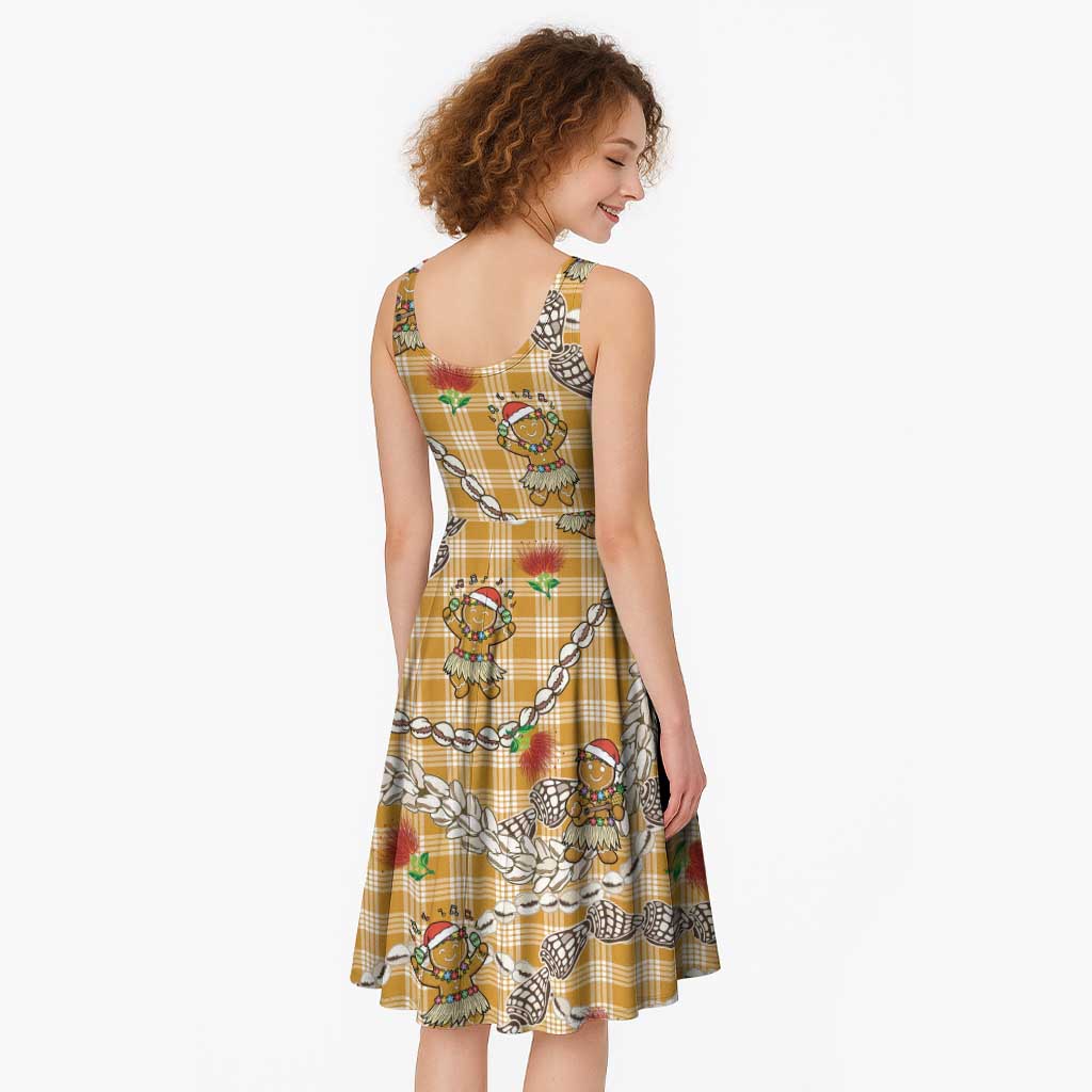 Gold Palaka Hawaii Mele Kalikimaka Midi Dress Ohia Lehua Shell Leis Funny Gingerbread Santa - Polynesian Pride