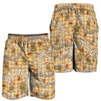 Gold Palaka Hawaii Mele Kalikimaka Shorts for Men Ohia Lehua Shell Leis Funny Gingerbread Santa - Polynesian Pride