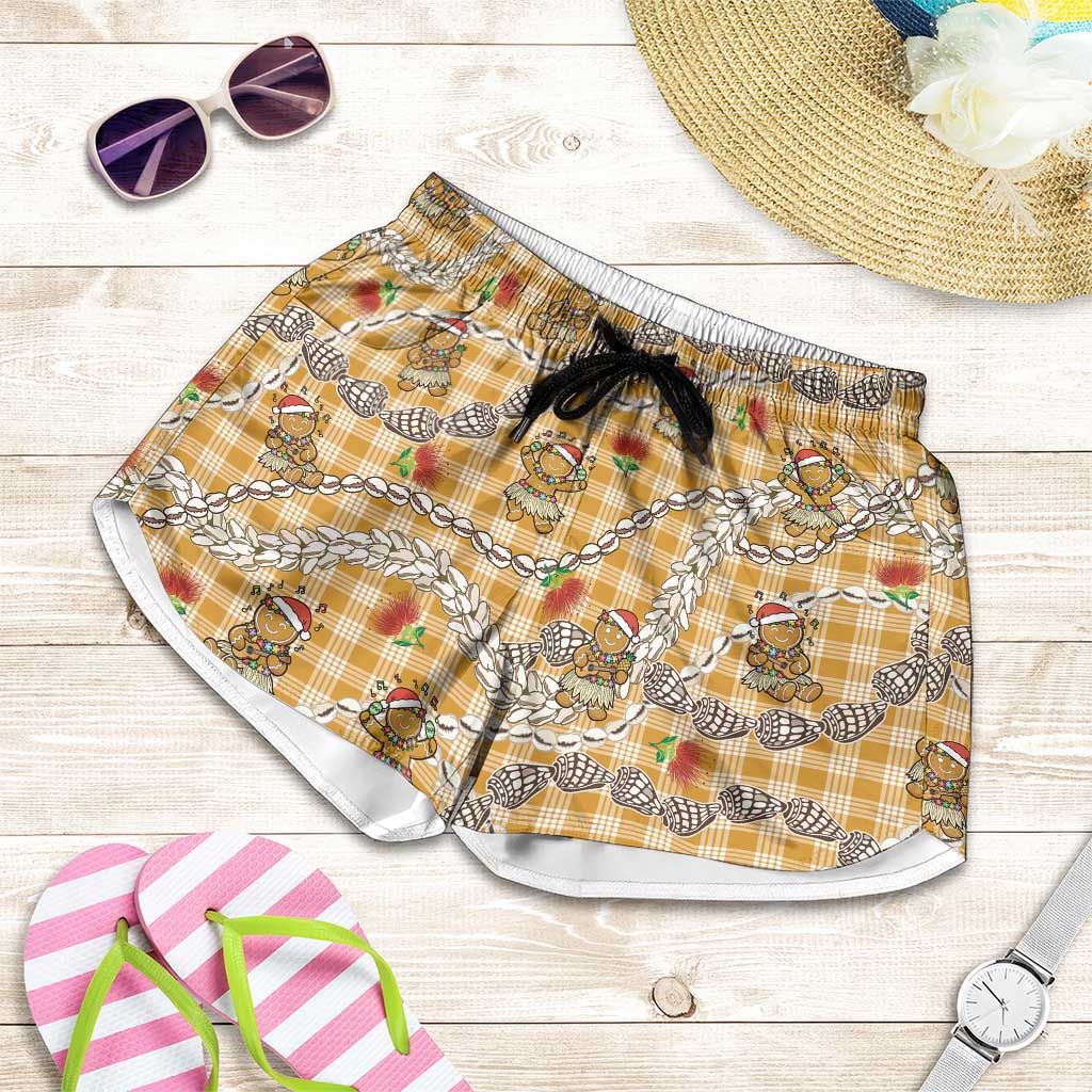 Gold Palaka Hawaii Mele Kalikimaka Shorts for Women Ohia Lehua Shell Leis Funny Gingerbread Santa - Polynesian Pride
