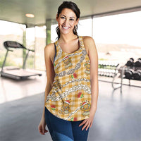 Gold Palaka Hawaii Mele Kalikimaka Women Racerback Tank Ohia Lehua Shell Leis Funny Gingerbread Santa - Polynesian Pride