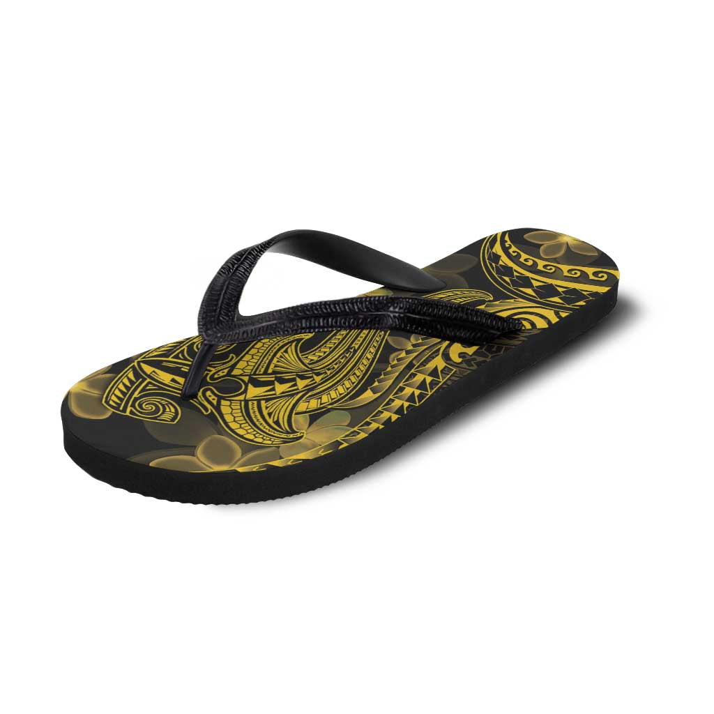 Gold Polynesia Shark Tattoo Flip Flops Polynesian Plumeria - Polynesian Pride