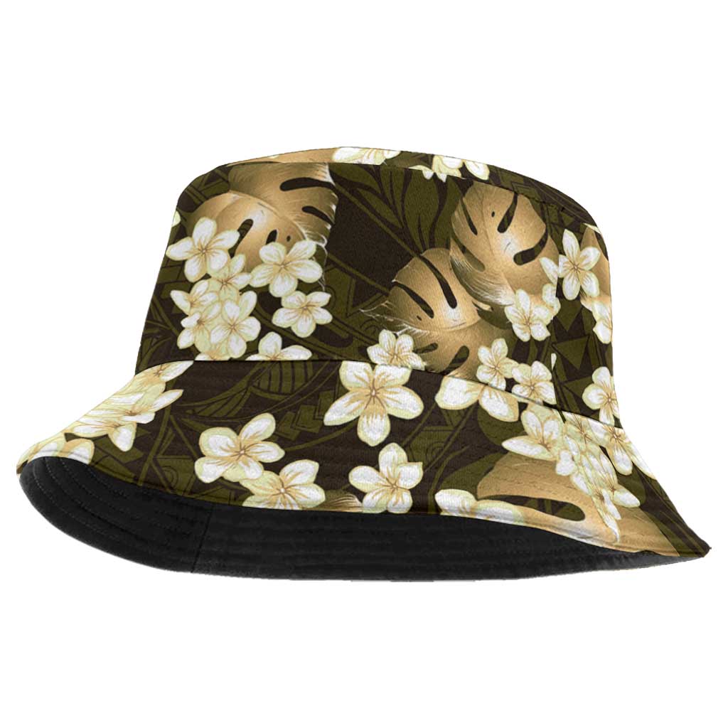 Gold Tropical Hawaii Bucket Hat Seamless Monstera Plumeria Hawaiian Pattern - Polynesian Pride