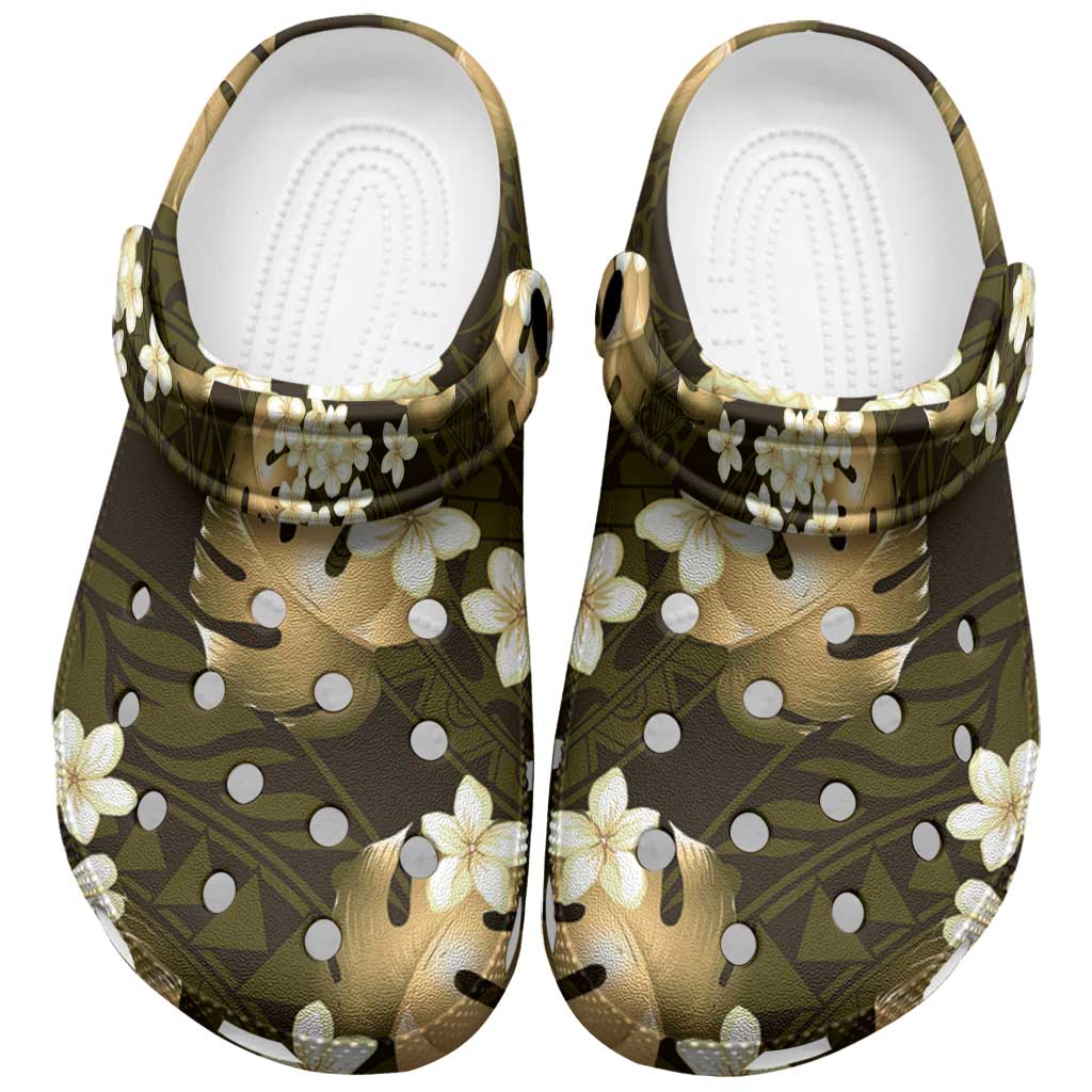 Gold Tropical Hawaii Clogs Shoes Seamless Monstera Plumeria Hawaiian Pattern - Polynesian Pride