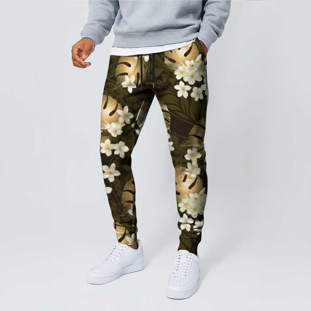 Gold Tropical Hawaii Jogger Pants Seamless Monstera Plumeria Hawaiian Pattern - Polynesian Pride