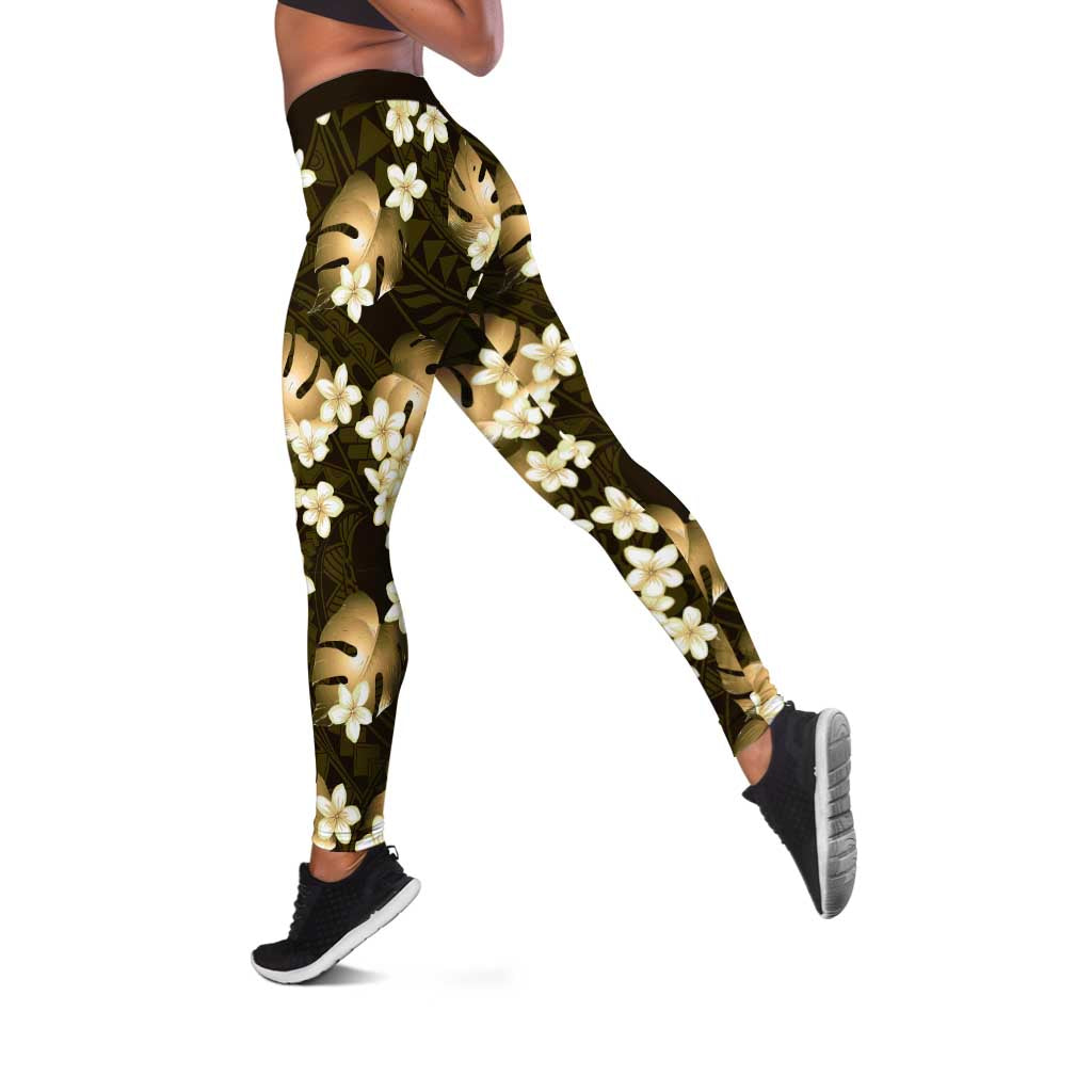 Gold Tropical Hawaii Leggings Seamless Monstera Plumeria Hawaiian Pattern - Polynesian Pride