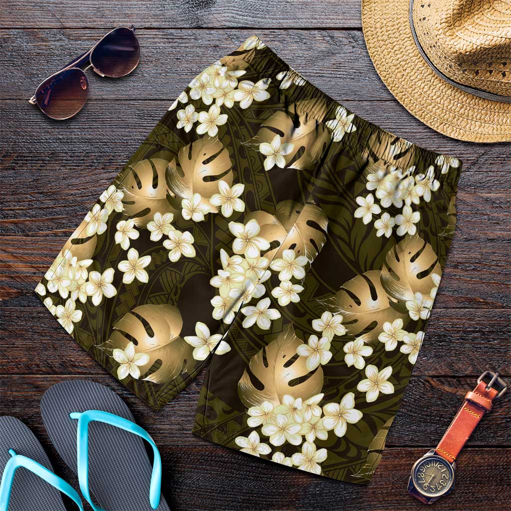 Gold Tropical Hawaii Shorts for Men Seamless Monstera Plumeria Hawaiian Pattern - Polynesian Pride