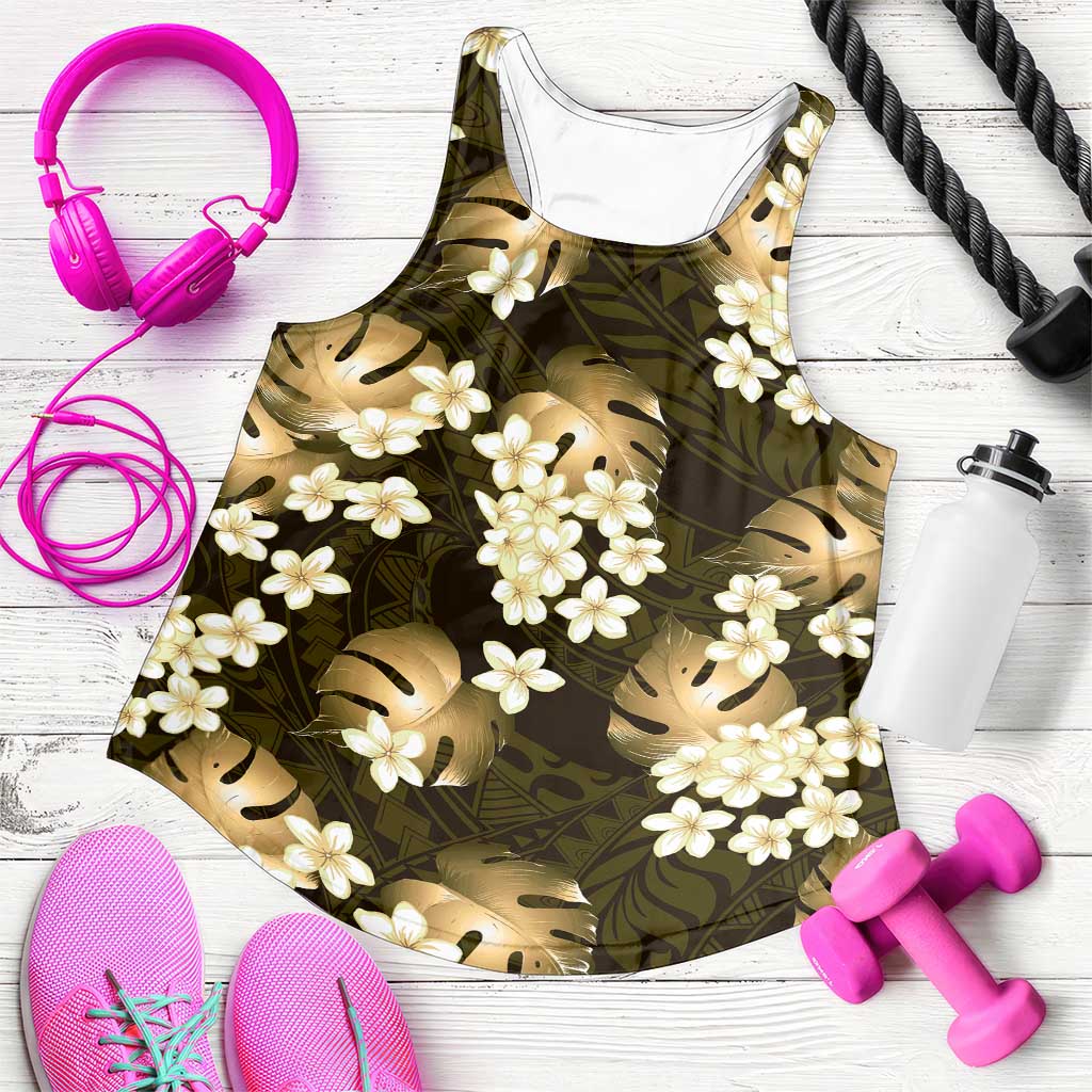 Gold Tropical Hawaii Women Racerback Tank Seamless Monstera Plumeria Hawaiian Pattern - Polynesian Pride