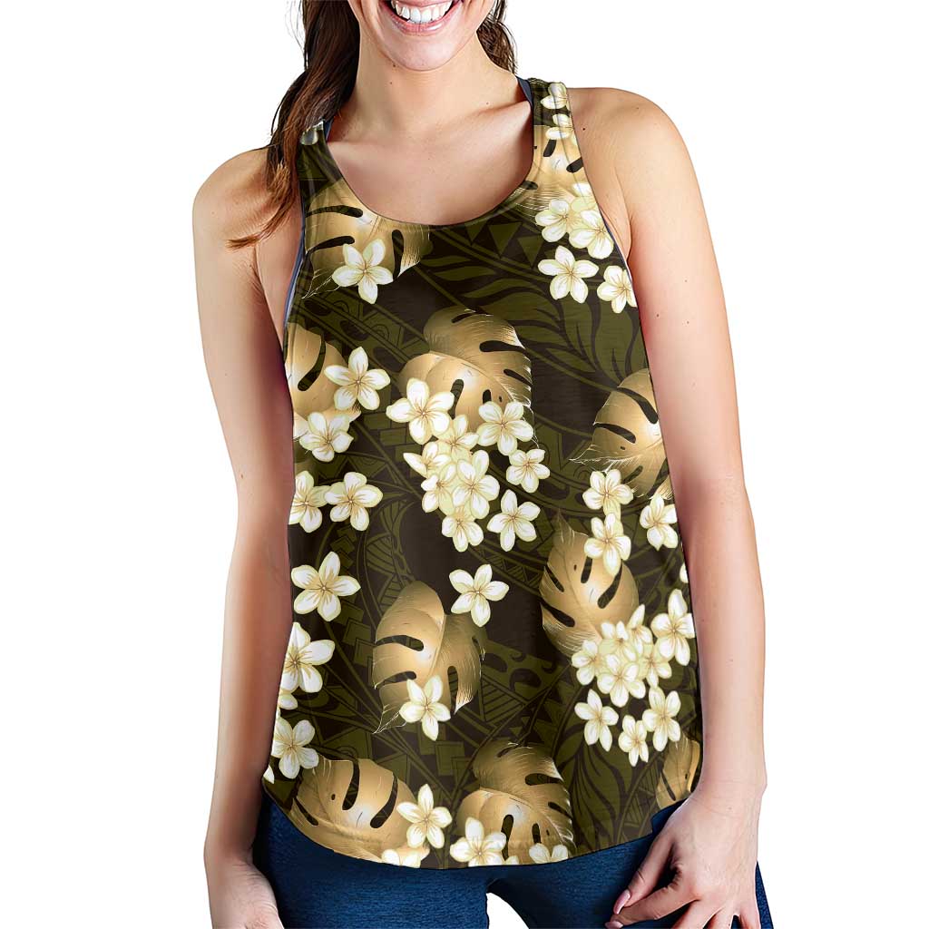 Gold Tropical Hawaii Women Racerback Tank Seamless Monstera Plumeria Hawaiian Pattern - Polynesian Pride