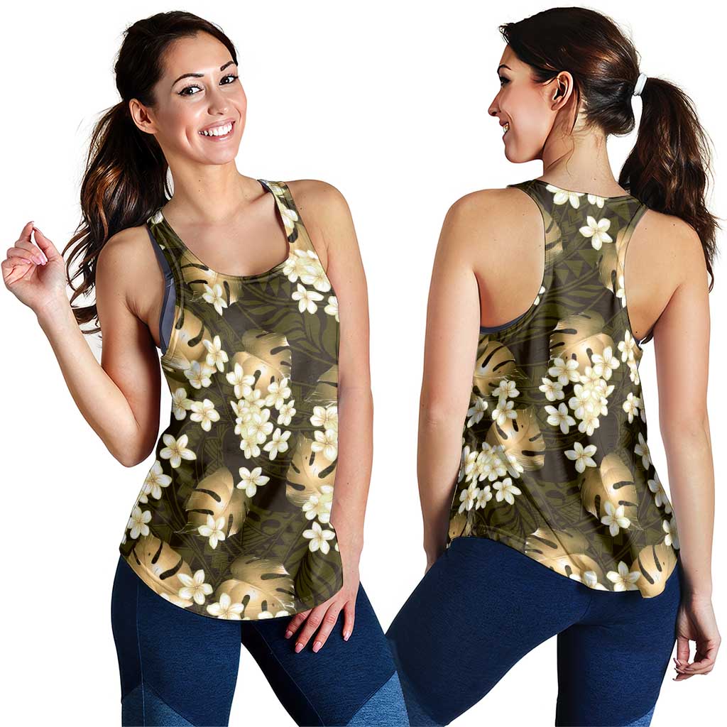 Gold Tropical Hawaii Women Racerback Tank Seamless Monstera Plumeria Hawaiian Pattern - Polynesian Pride