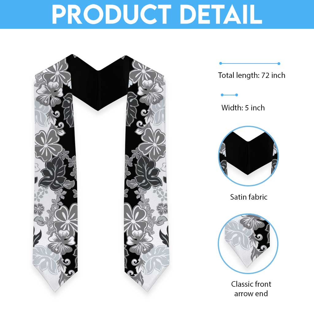 Gray Scale Hibiscus Plumeria Floral Graduation Stole LT01 - Polynesian Pride