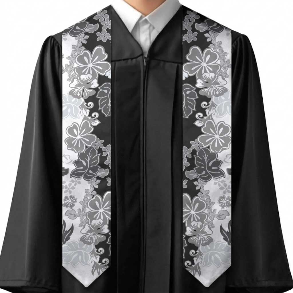 Gray Scale Hibiscus Plumeria Floral Graduation Stole LT01 - Polynesian Pride