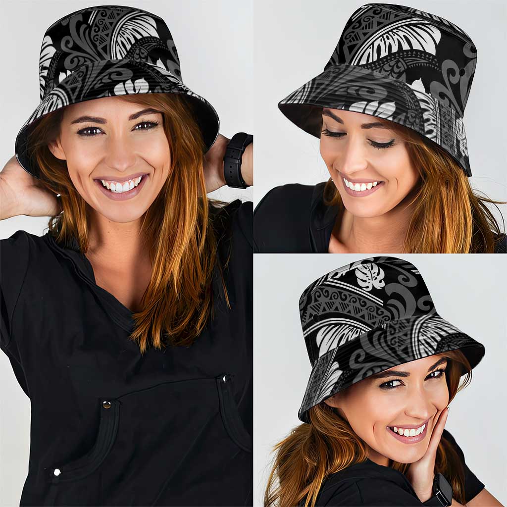 Grayscale Monstera Bucket Hat Polynesian Tribal Pattern - Polynesian Pride