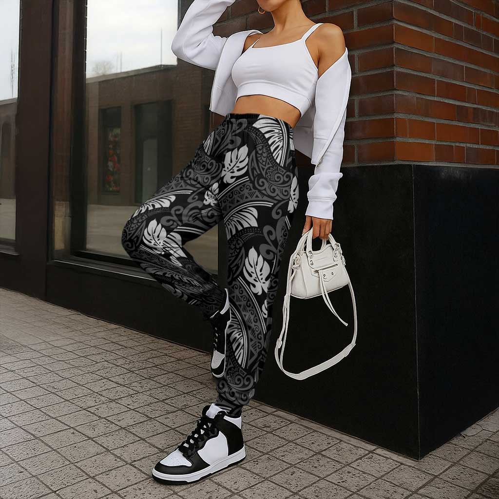 Grayscale Monstera Jogger Pants Polynesian Tribal Pattern - Polynesian Pride