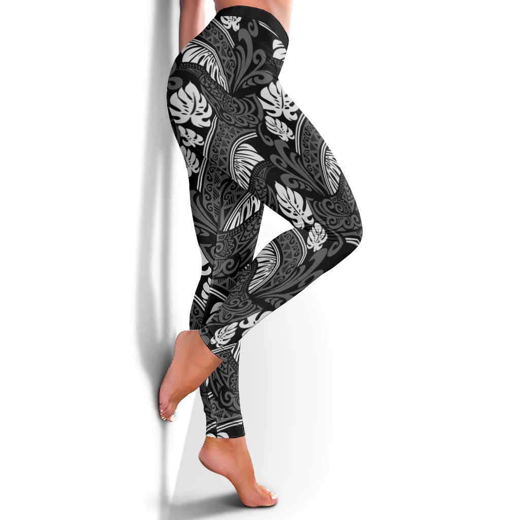 Grayscale Monstera Leggings Polynesian Tribal Pattern - Polynesian Pride