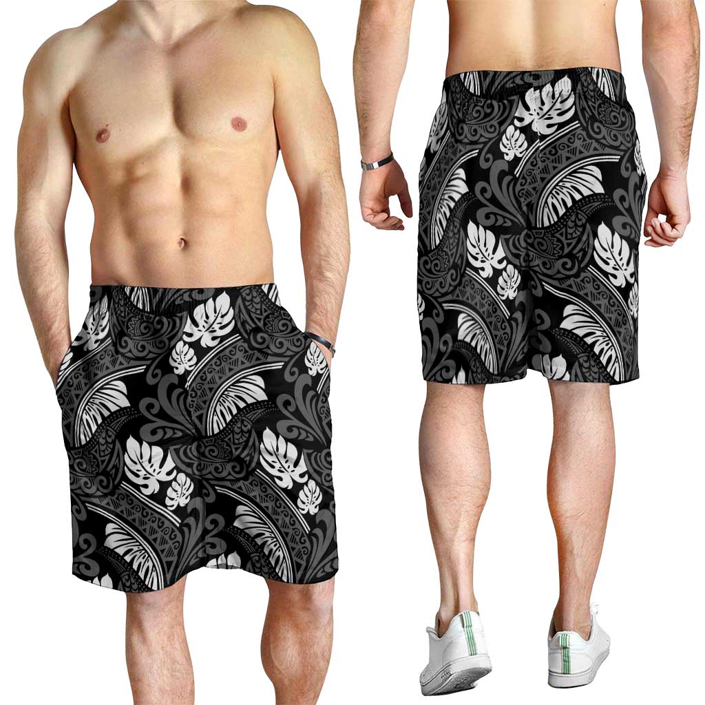 Grayscale Monstera Shorts for Men Polynesian Tribal Pattern - Polynesian Pride