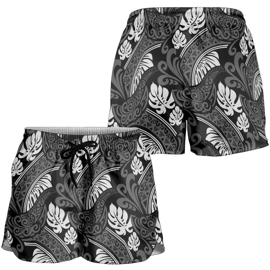 Grayscale Monstera Shorts for Women Polynesian Tribal Pattern - Polynesian Pride
