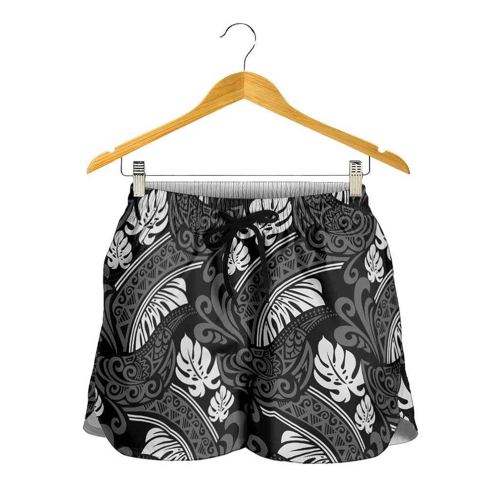 Grayscale Monstera Shorts for Women Polynesian Tribal Pattern - Polynesian Pride