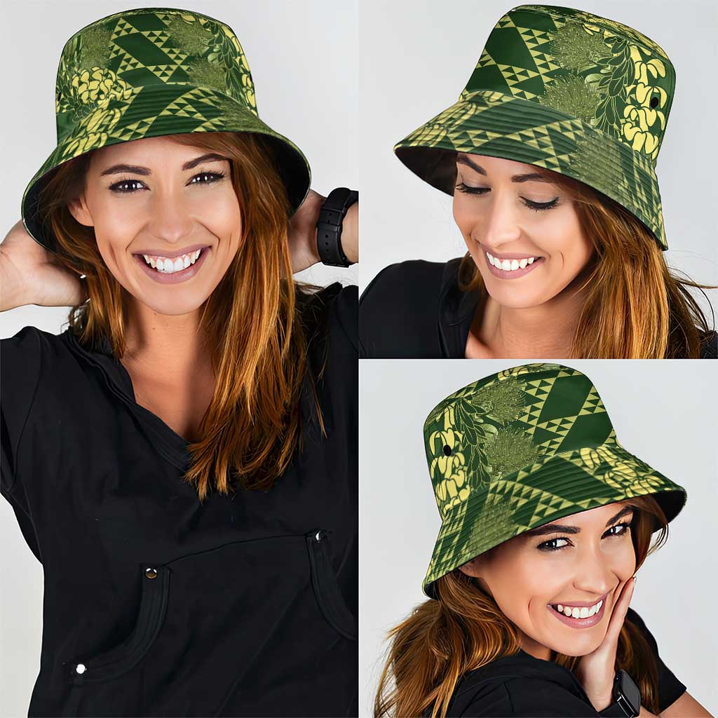 Green Aloha Hawaii Bucket Hat Hawaiian Kakau Ohia Lehua Lei - Polynesian Pride