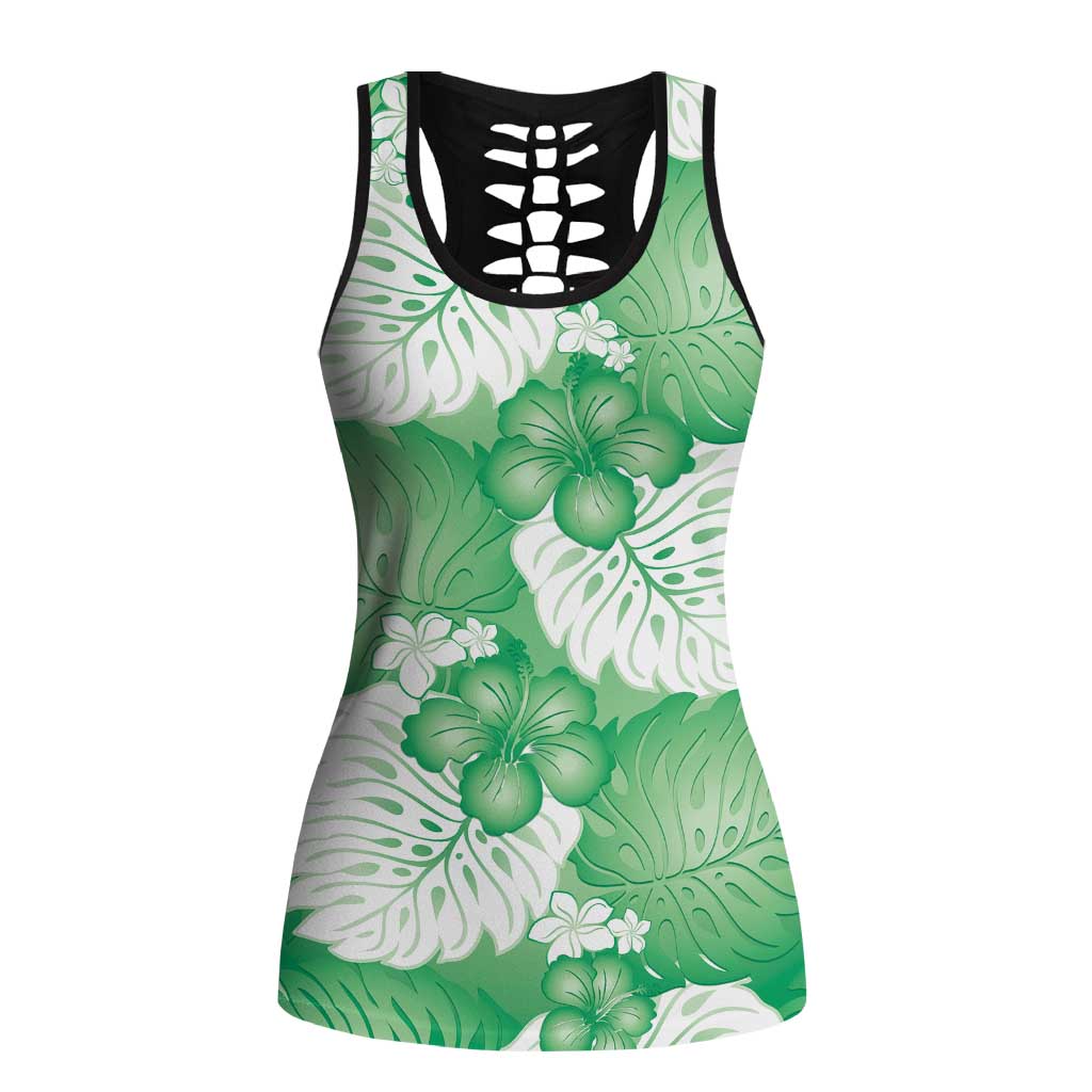 Green Aloha Hawaii Hollow Tank Top Monstera Hibiscus Plumeria Seamless Vibes LT14 Female Green - Polynesian Pride