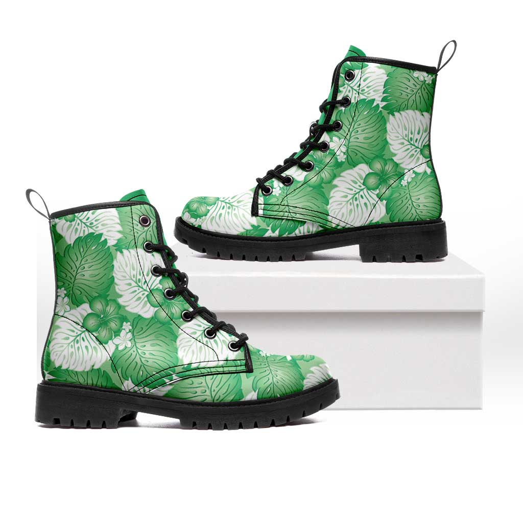 Green Aloha Hawaii Leather Boots Monstera Hibiscus Plumeria Seamless Vibes - Polynesian Pride