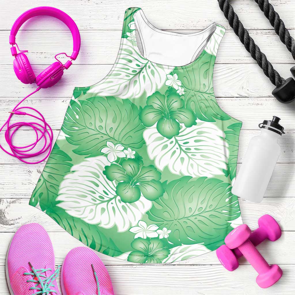 Green Aloha Hawaii Women Racerback Tank Monstera Hibiscus Plumeria Seamless Vibes - Polynesian Pride