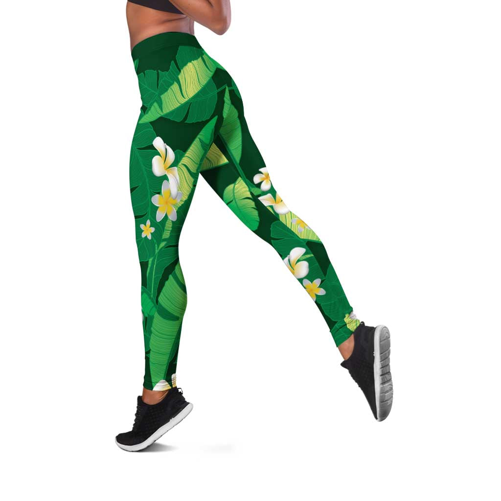 Green Banana Leaf Hawaii Leggings Lau Maia Plumeria Tropical Summer Vibes
