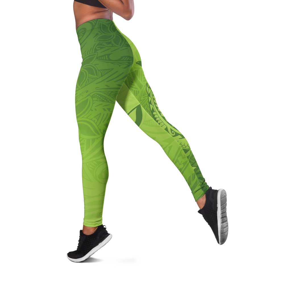 Green Gradient Polynesia Leggings Hawaiian Tribal Hammerhead Shark Tattoo - Polynesian Pride