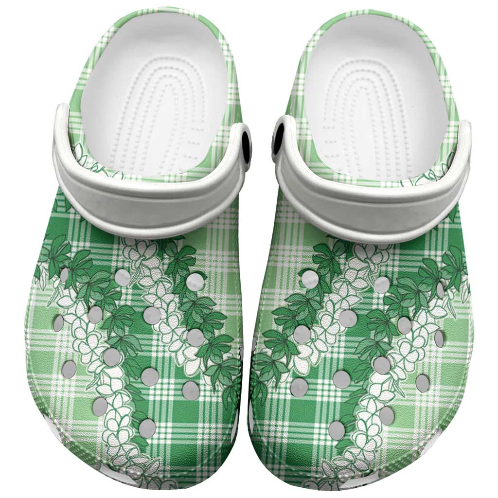Green Hawaii Palaka Clogs Shoes Hawaiian Honohono Lei