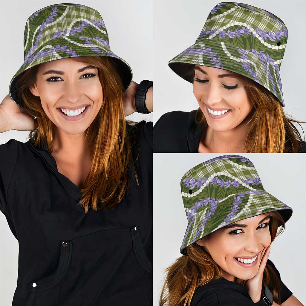 Green Hawaii Palaka Honohono Pikake Bucket Hat Hawaiian Orchid Lei Polynesian Pattern - Polynesian Pride
