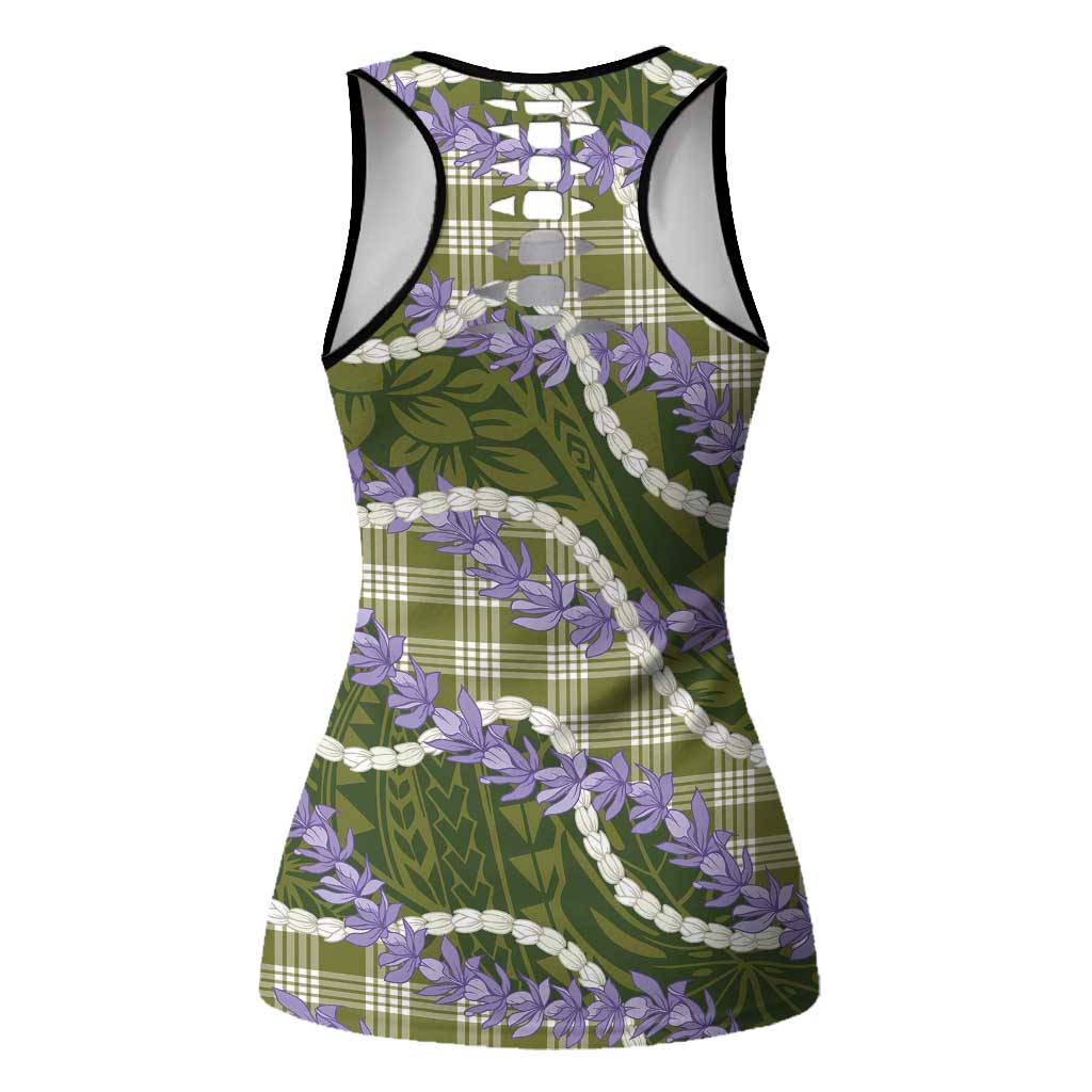 Green Hawaii Palaka Honohono Pikake Hollow Tank Top Hawaiian Orchid Lei Polynesian Pattern - Polynesian Pride