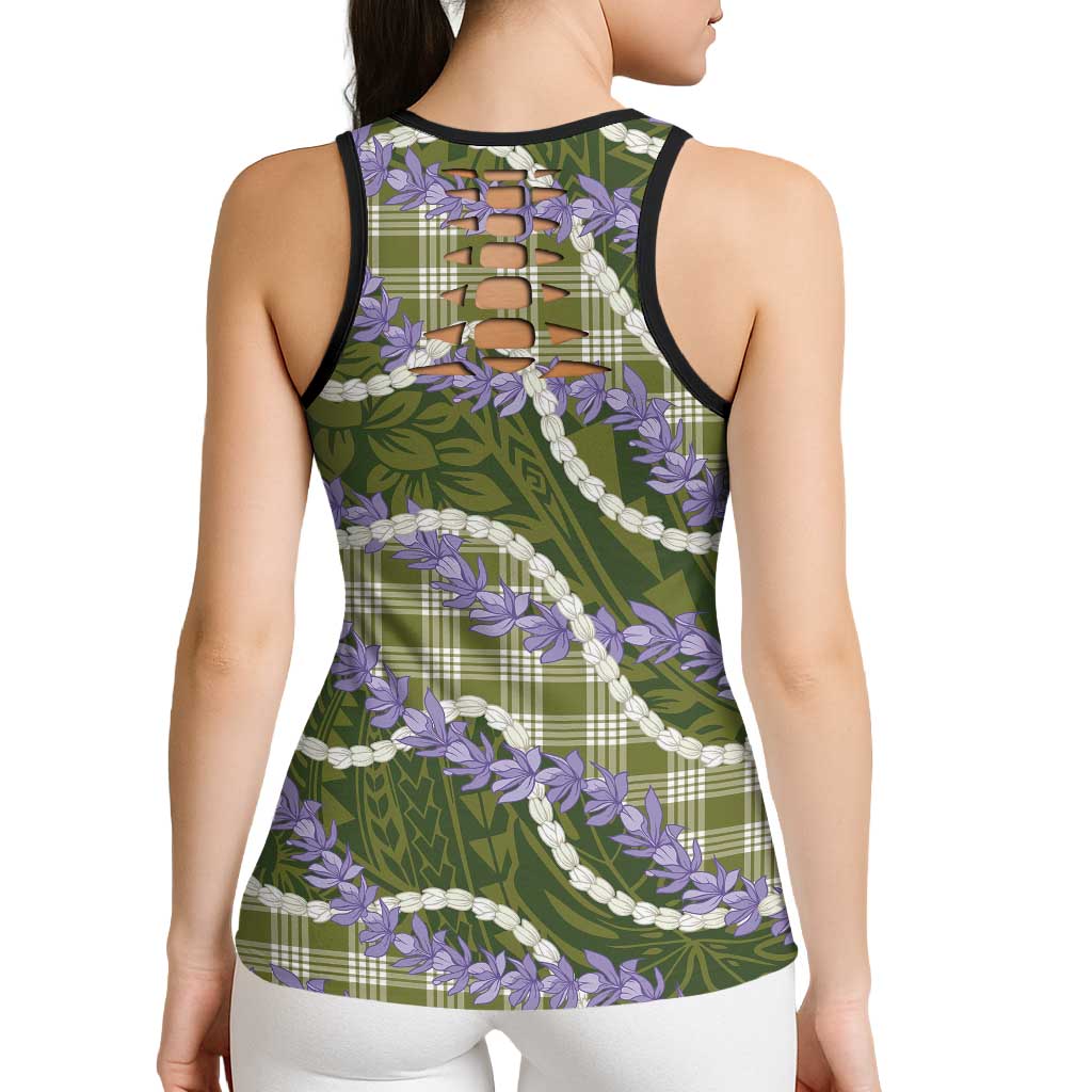 Green Hawaii Palaka Honohono Pikake Hollow Tank Top Hawaiian Orchid Lei Polynesian Pattern - Polynesian Pride