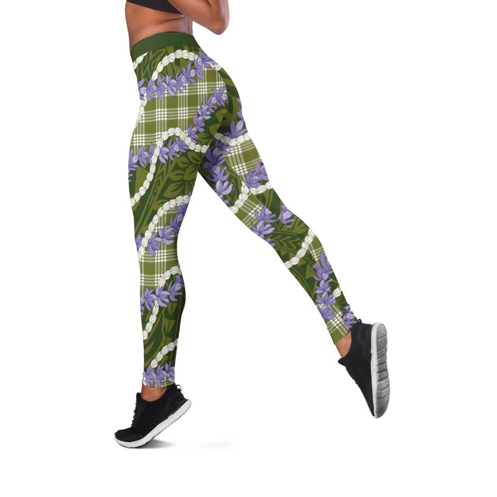 Green Hawaii Palaka Honohono Pikake Leggings Hawaiian Orchid Lei Polynesian Pattern - Polynesian Pride