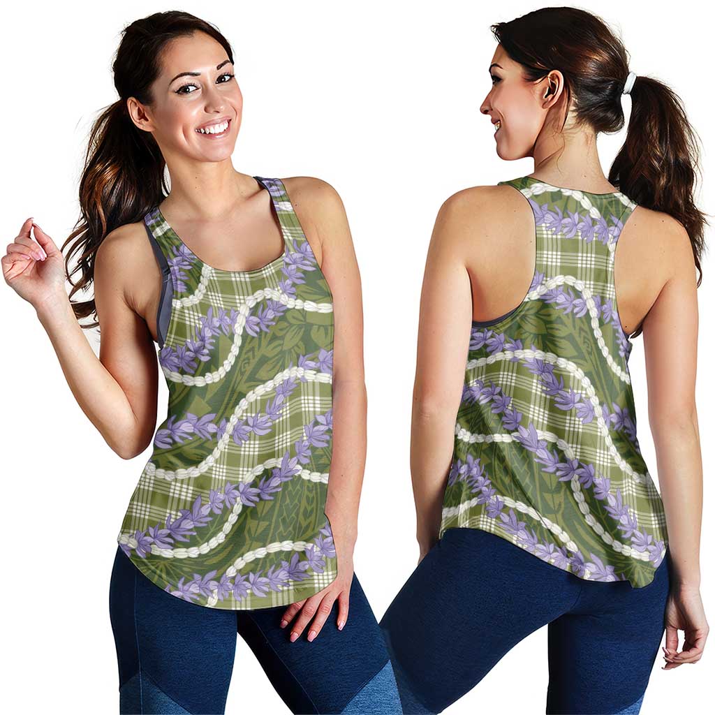 Green Hawaii Palaka Honohono Pikake Women Racerback Tank Hawaiian Orchid Lei Polynesian Pattern - Polynesian Pride