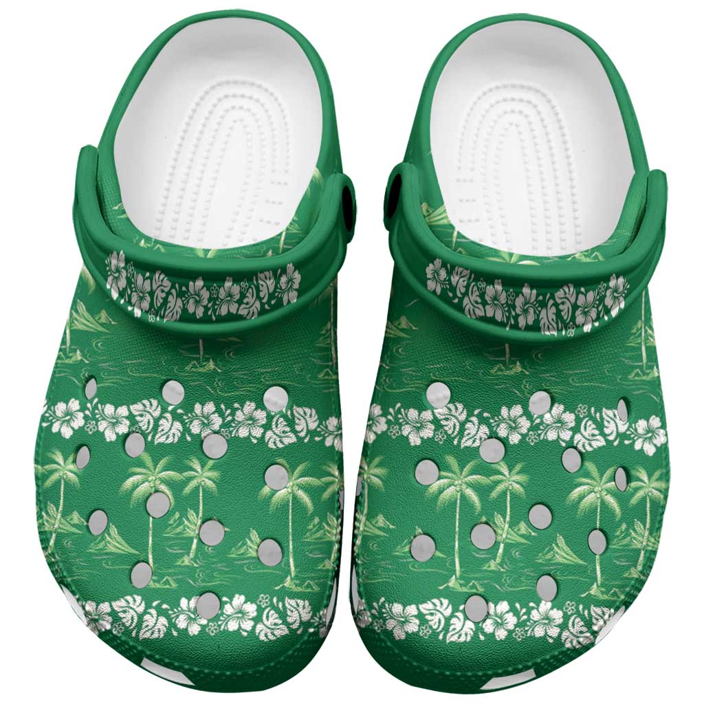 Green Hawaii Palm Tree Hibiscus Clogs Shoes Fantasy Summer Vibe