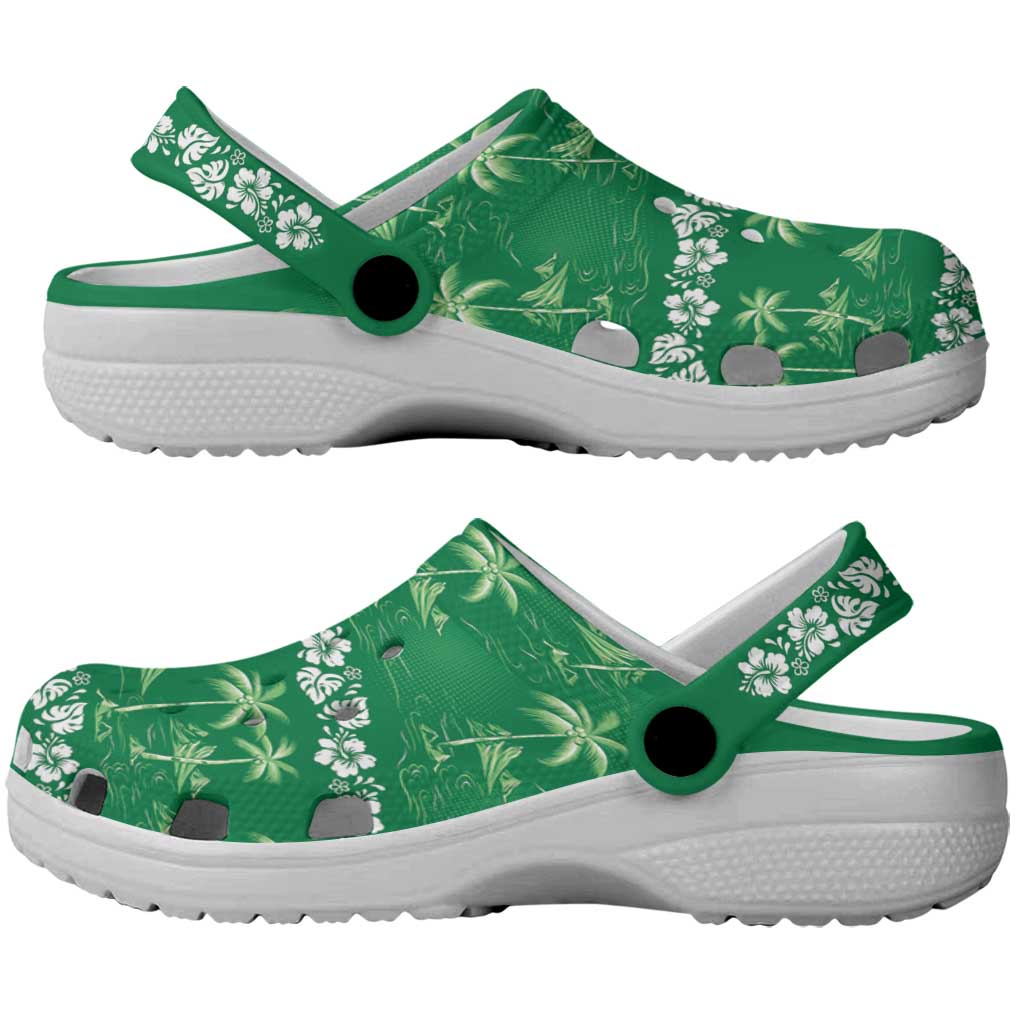 Green Hawaii Palm Tree Hibiscus Clogs Shoes Fantasy Summer Vibe