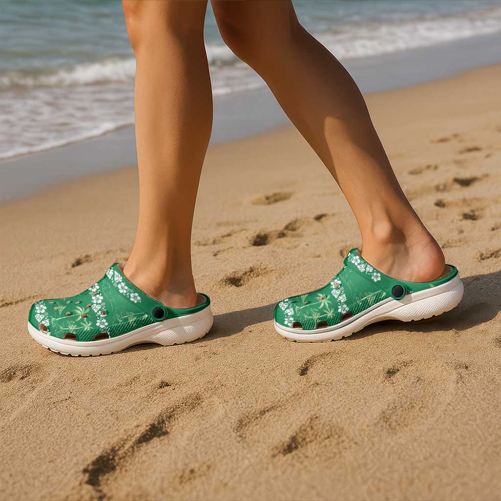 Green Hawaii Palm Tree Hibiscus Clogs Shoes Fantasy Summer Vibe